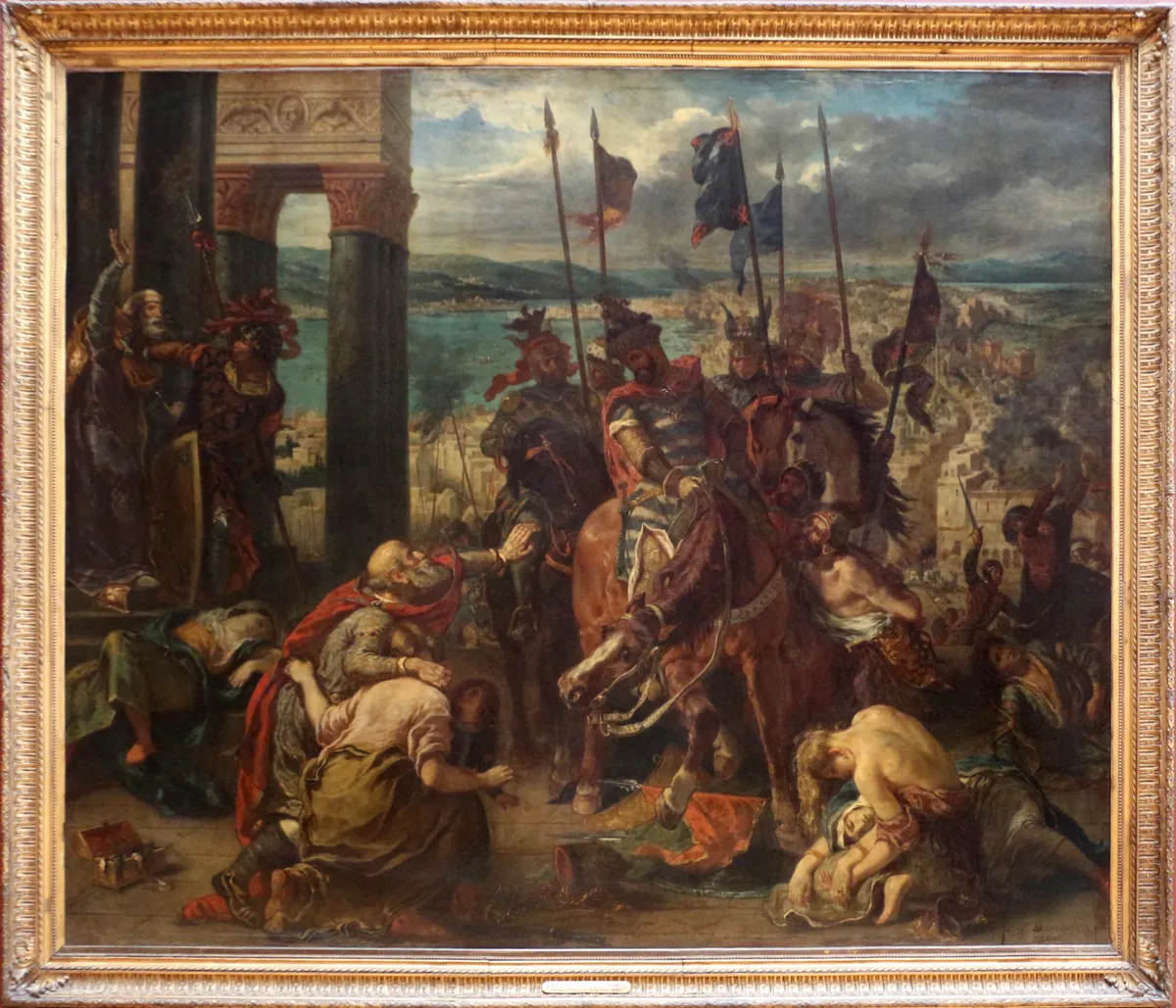 Fotografia do quadro com moldura dourada, cavaleiros, figuras ajoelhadas, bandeiras e cidade ao fundo, com pequena placa na borda inferior.