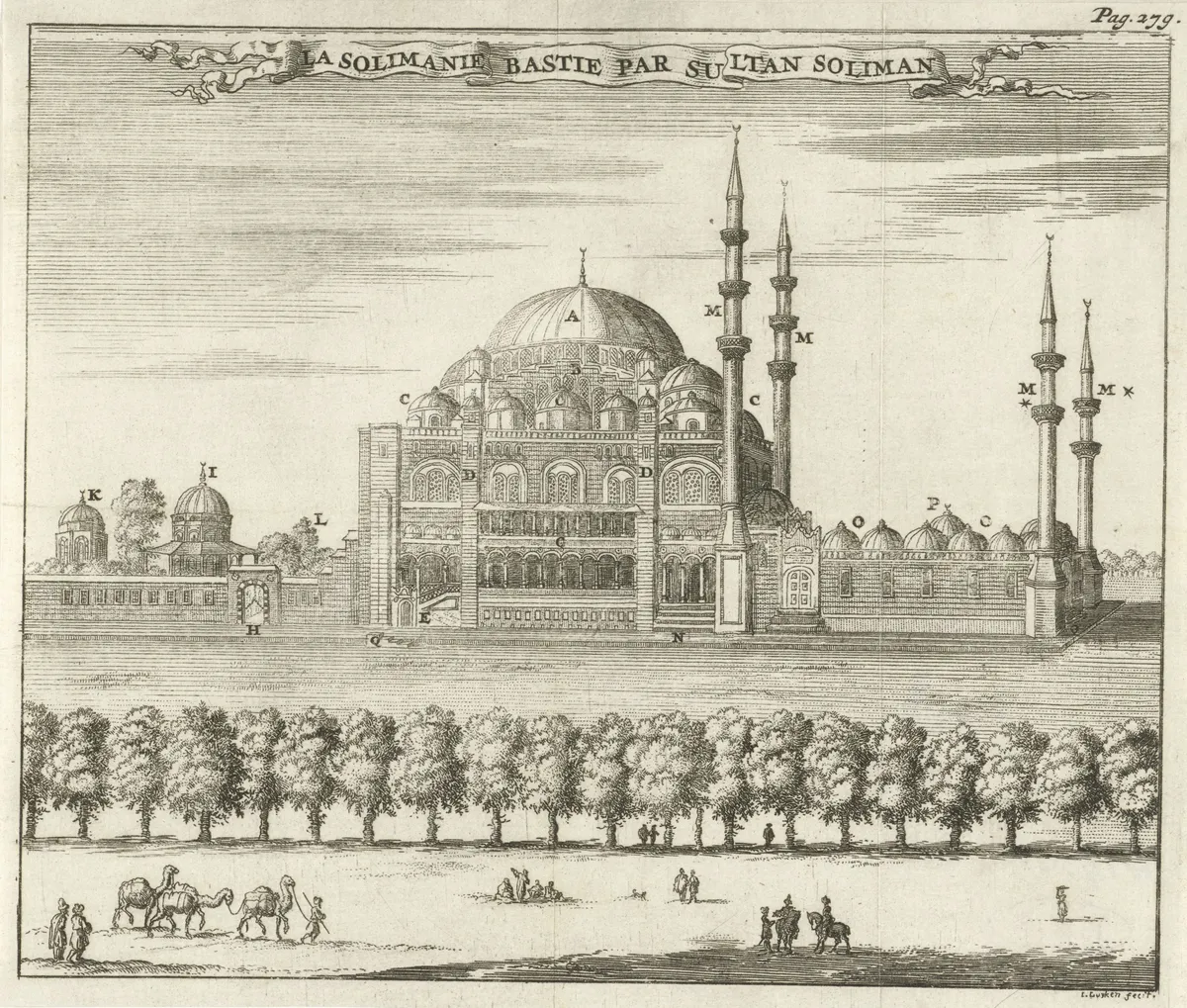 Gravura com cúpula central, quatro minaretes, edifícios laterais, árvores e pequenas figuras e animais, letras de referência e faixa de título no alto.