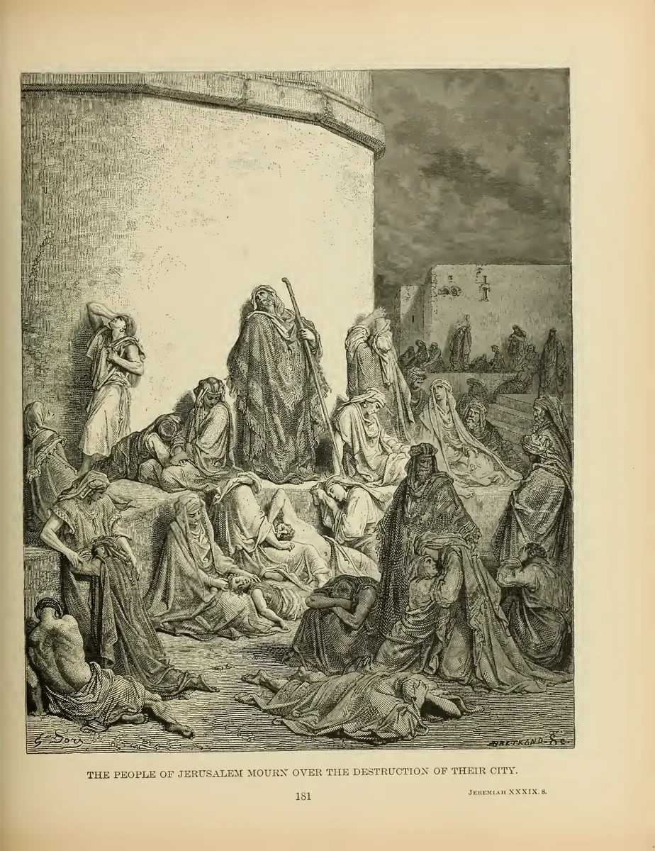 Página de gravura com figuras abatidas, sentadas ou deitadas junto a uma muralha; legenda em inglês e número 181 embaixo.