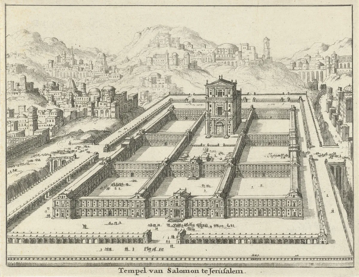 Gravura de um recinto murado com pátios, templo central, pequenas figuras humanas e a cidade ao fundo; título em holandês embaixo.