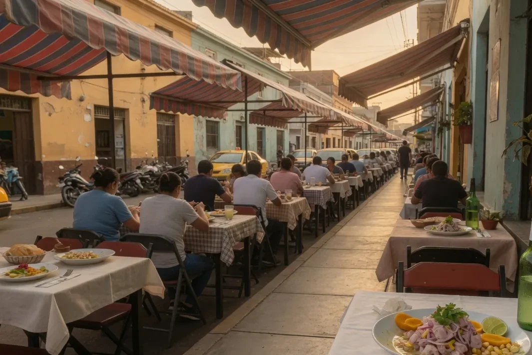 Rua de prédios baixos com toldos e mesas na calçada, e um prato de ceviche na mesa da frente.