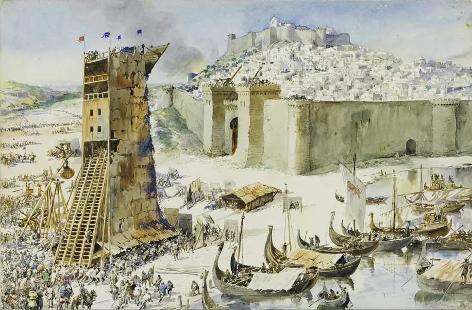 Aquarela do cerco medieval, com torre de assalto diante da muralha, soldados, barcos junto à margem e a cidade e o castelo ao fundo.
