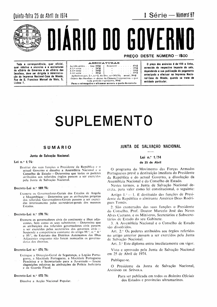 Página integral do suplemento do Diário do Governo, datada 25 de Abril de 1974, com a Lei 1/74 da Junta de Salvação Nacional e o sumário de outros diplomas.