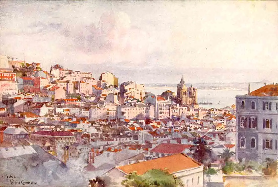 Aquarela da Baixa vista de São Pedro de Alcântara, com telhados vermelhos, igrejas, edifícios e o Tejo ao fundo.