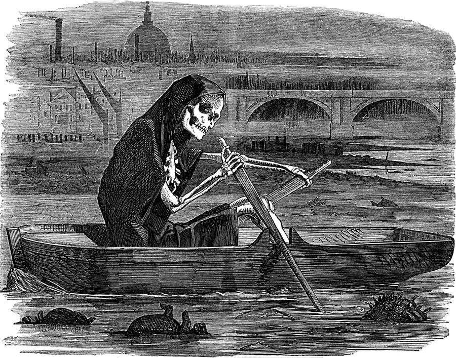 Gravura em preto e branco com esqueleto remando no Tâmisa poluído, animais mortos, ponte e edifícios na margem.