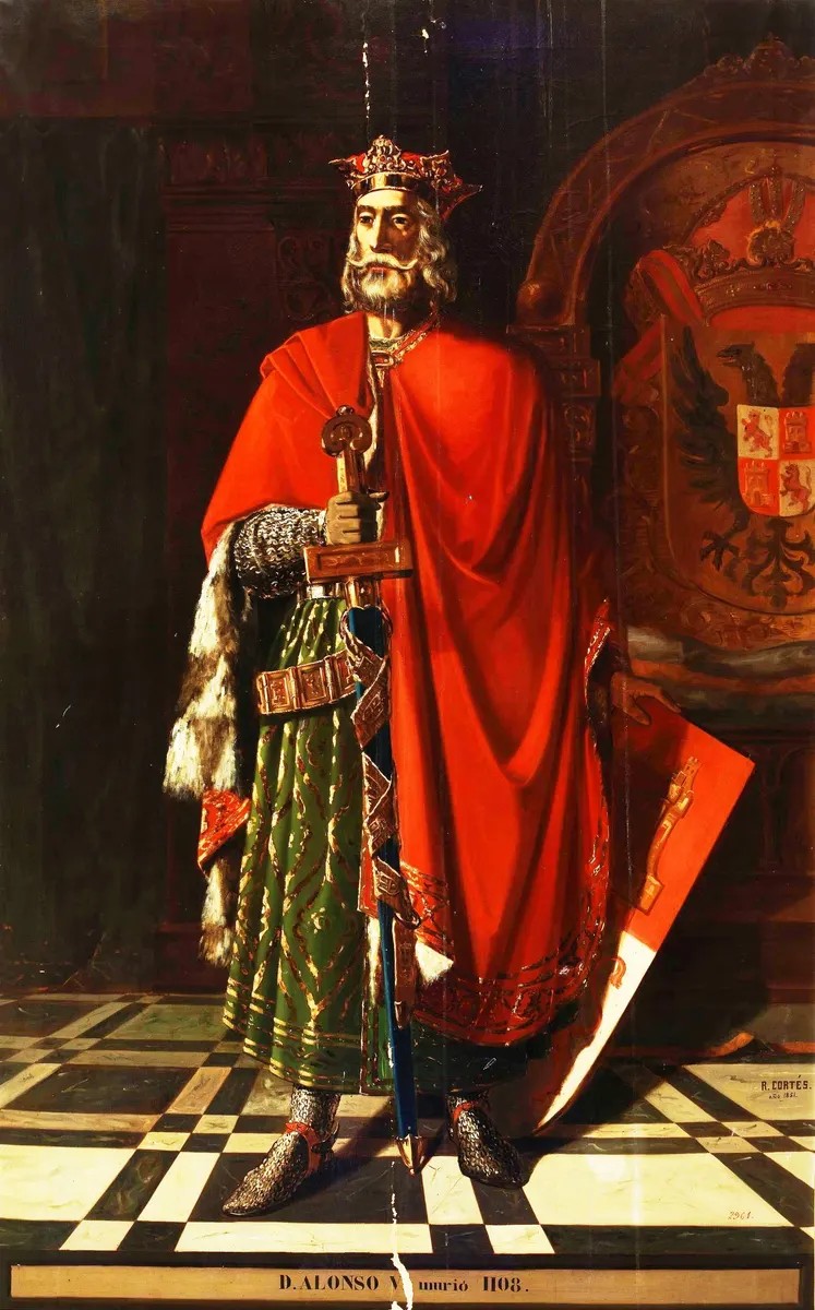 Pintura de Alfonso VI em pé, com coroa, manto vermelho, espada e brasão; assinatura e inscrição na margem inferior.