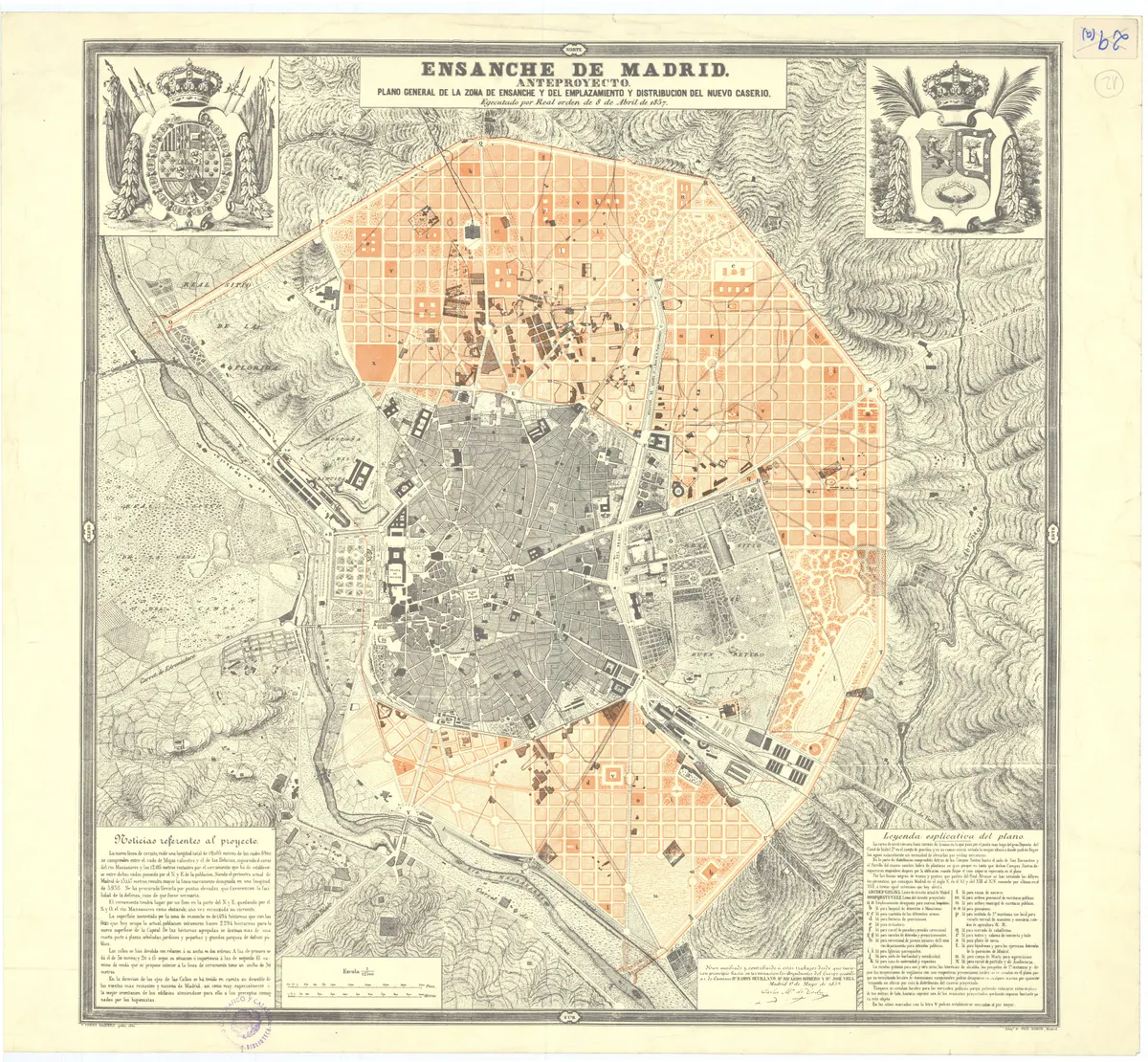Mapa inteiro da expansão de Madri, com centro antigo em cinza, novas quadras em vermelho, brasões, legendas e margens.