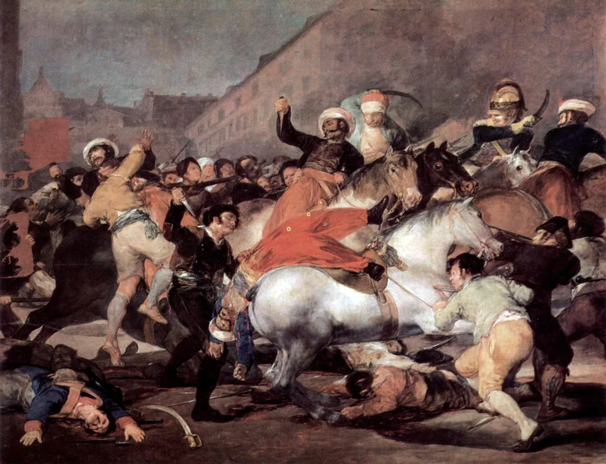 Pintura de combate com cavalos, soldados e figuras caídas, incluindo cavalo branco ao centro e edifícios na fumaça.