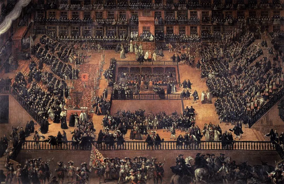Pintura da Plaza Mayor com varandas cheias, tribunas, estrados e muitas figuras pintadas reunidas na praça.