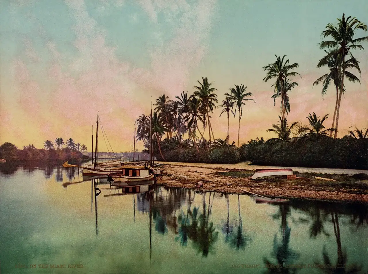 Duas embarcações ancoradas às margens do rio Miami, cercadas de palmeiras, sob um céu ao pôr do sol, em cor de fotocromo.