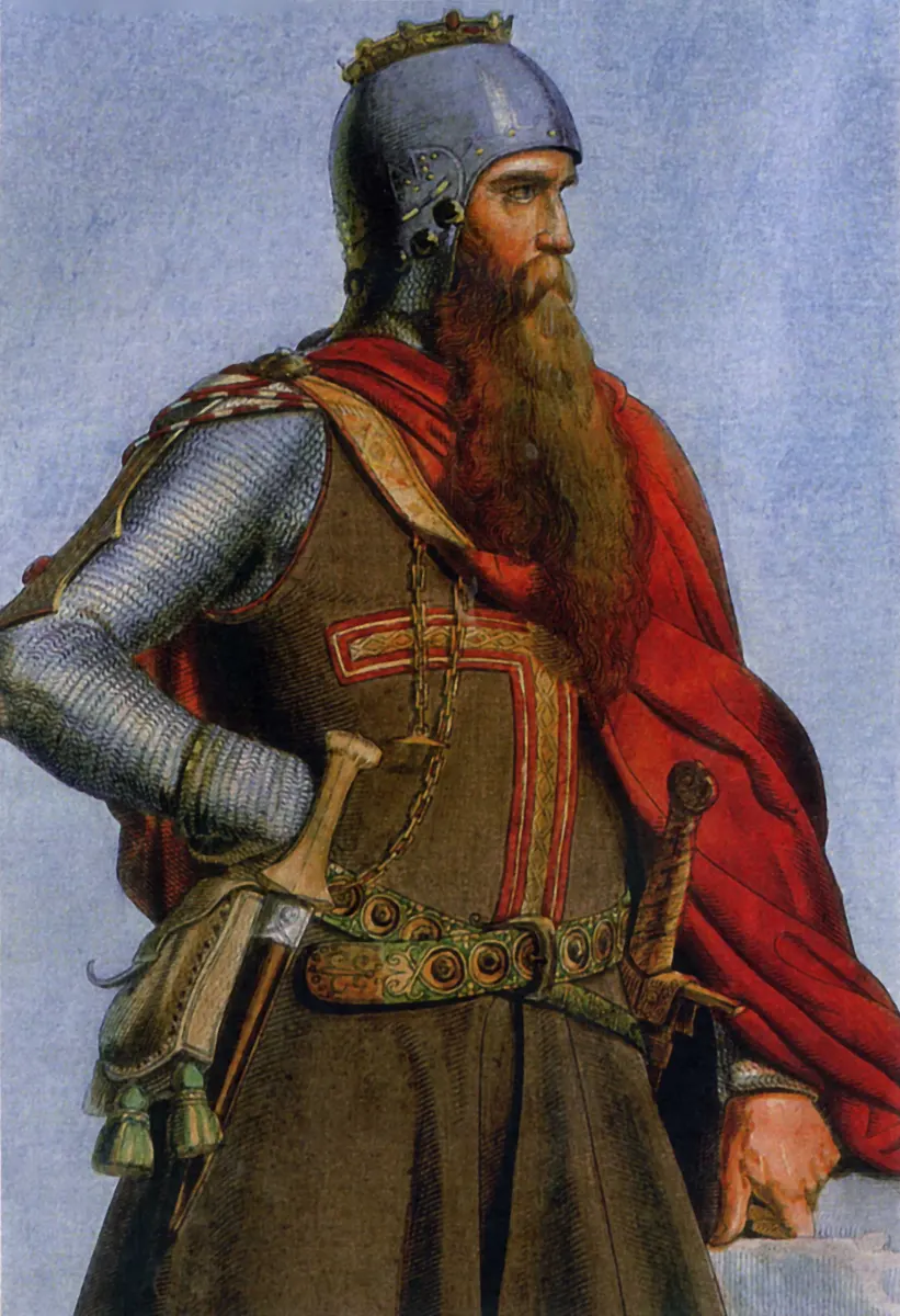 Gravura colorida de Barbarossa com coroa sobre o elmo, barba longa, armadura, espada e manto vermelho.