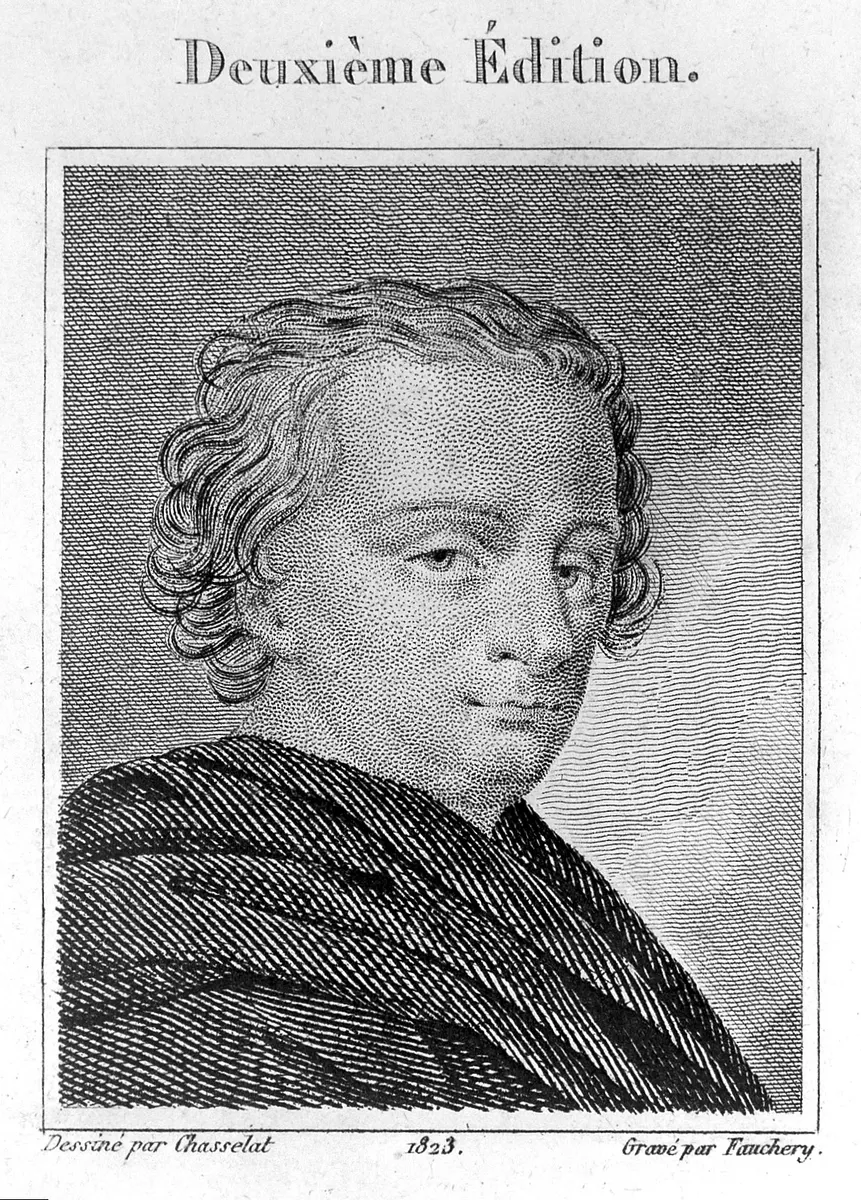 Retrato gravado de Beccaria, com cabelo longo, veste abotoada, moldura e inscrições de Chasselat, Fauchery e 1823.