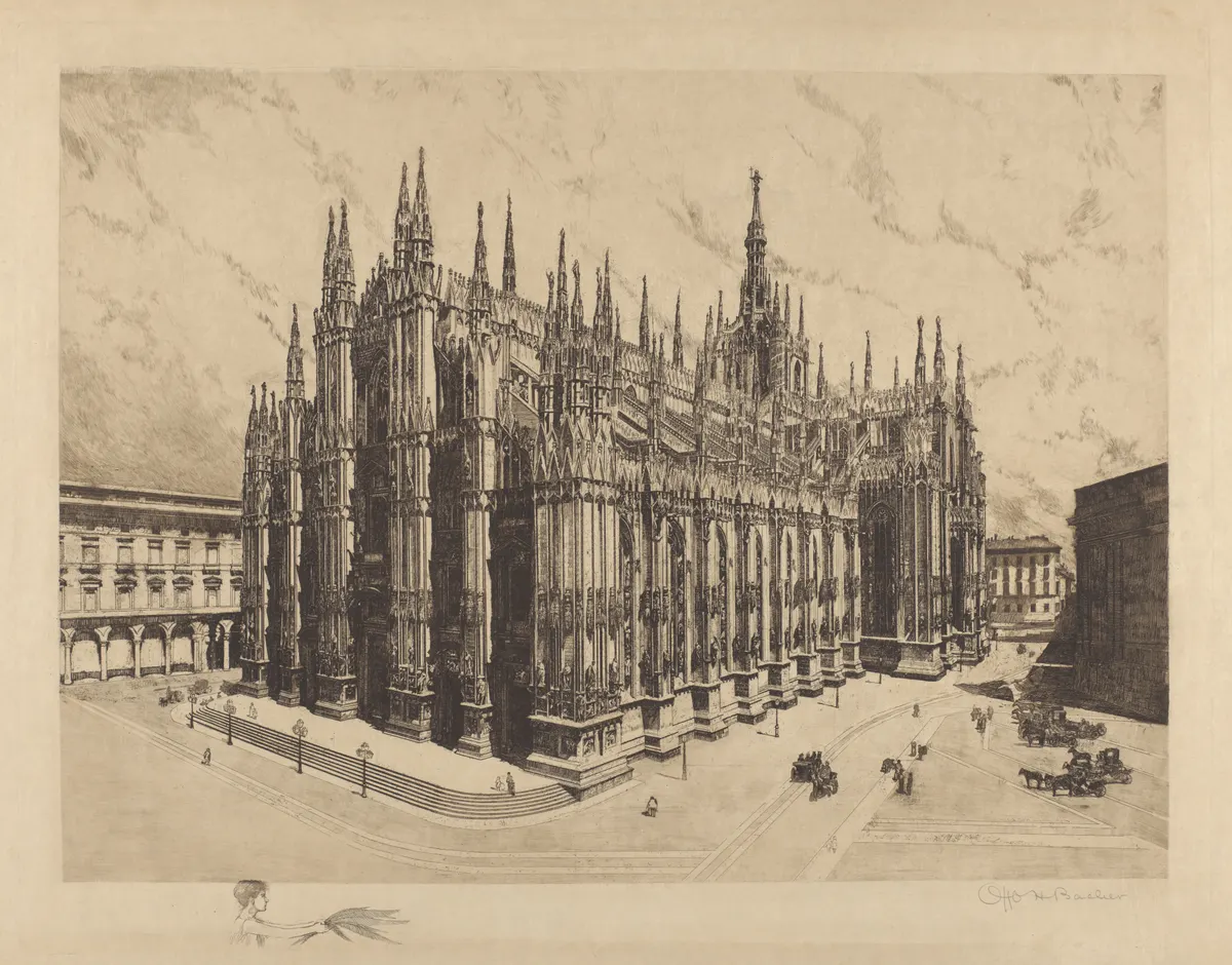 Gravura do Duomo com pináculos, edifícios e figuras na praça; a folha conserva a figura alada e a assinatura abaixo.