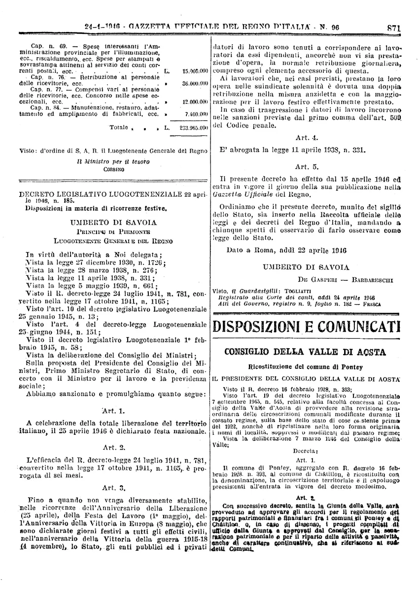 Página da Gazzetta Ufficiale de 24 de abril de 1946, com o decreto 185 sobre datas festivas distribuído em duas colunas.