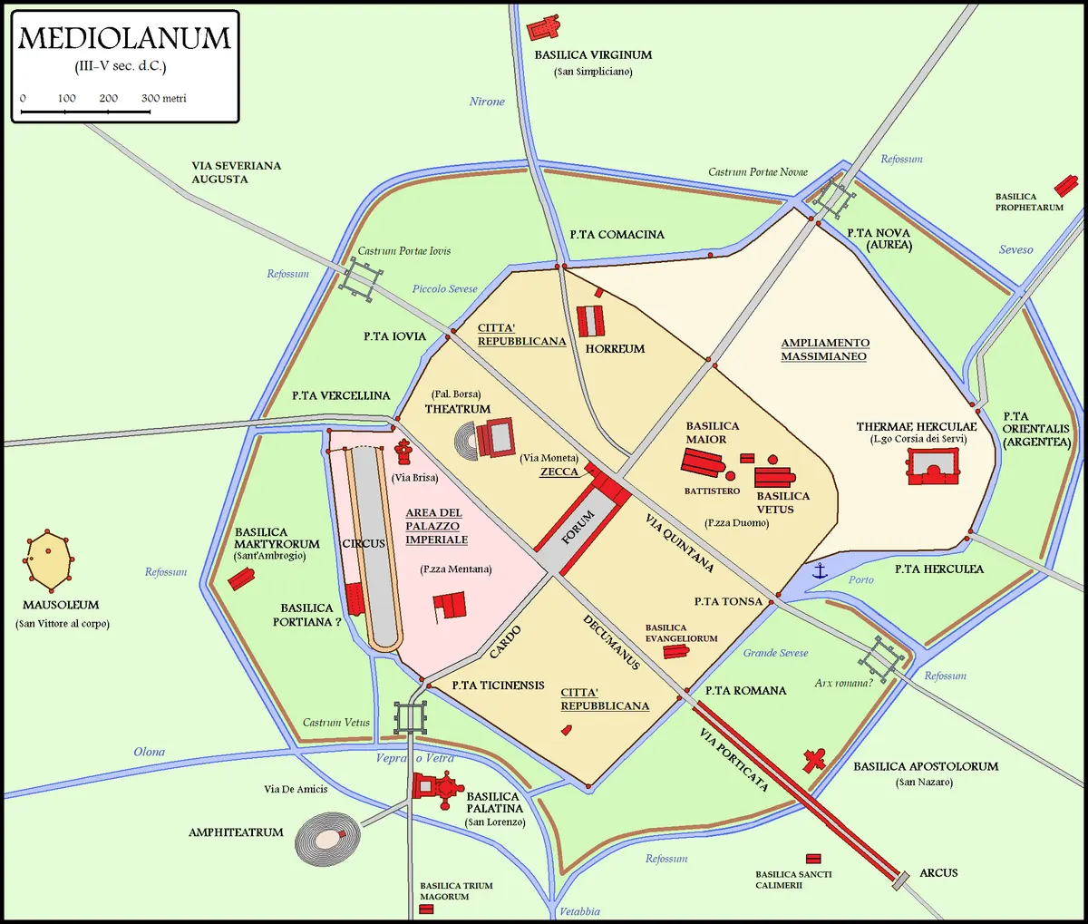 Mapa moderno de Mediolanum nos séculos III–V, com muralhas, portas, vias, canais, basílicas, título e escala.