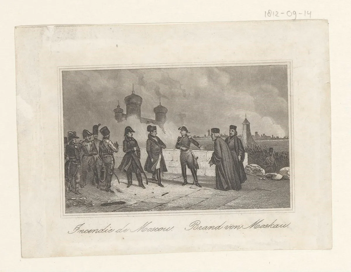 Page imprimée avec soldats et autres personnages devant ruines, bâtiments et fumée, titres français et allemand et annotation en marge.