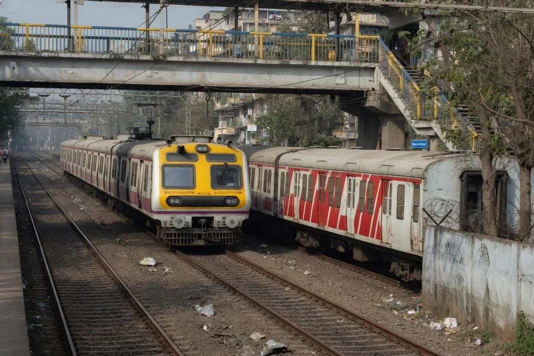 Trem local amarelo e branco nos trilhos, visto de outro vagão com faixas vermelhas, e uma passarela à frente.