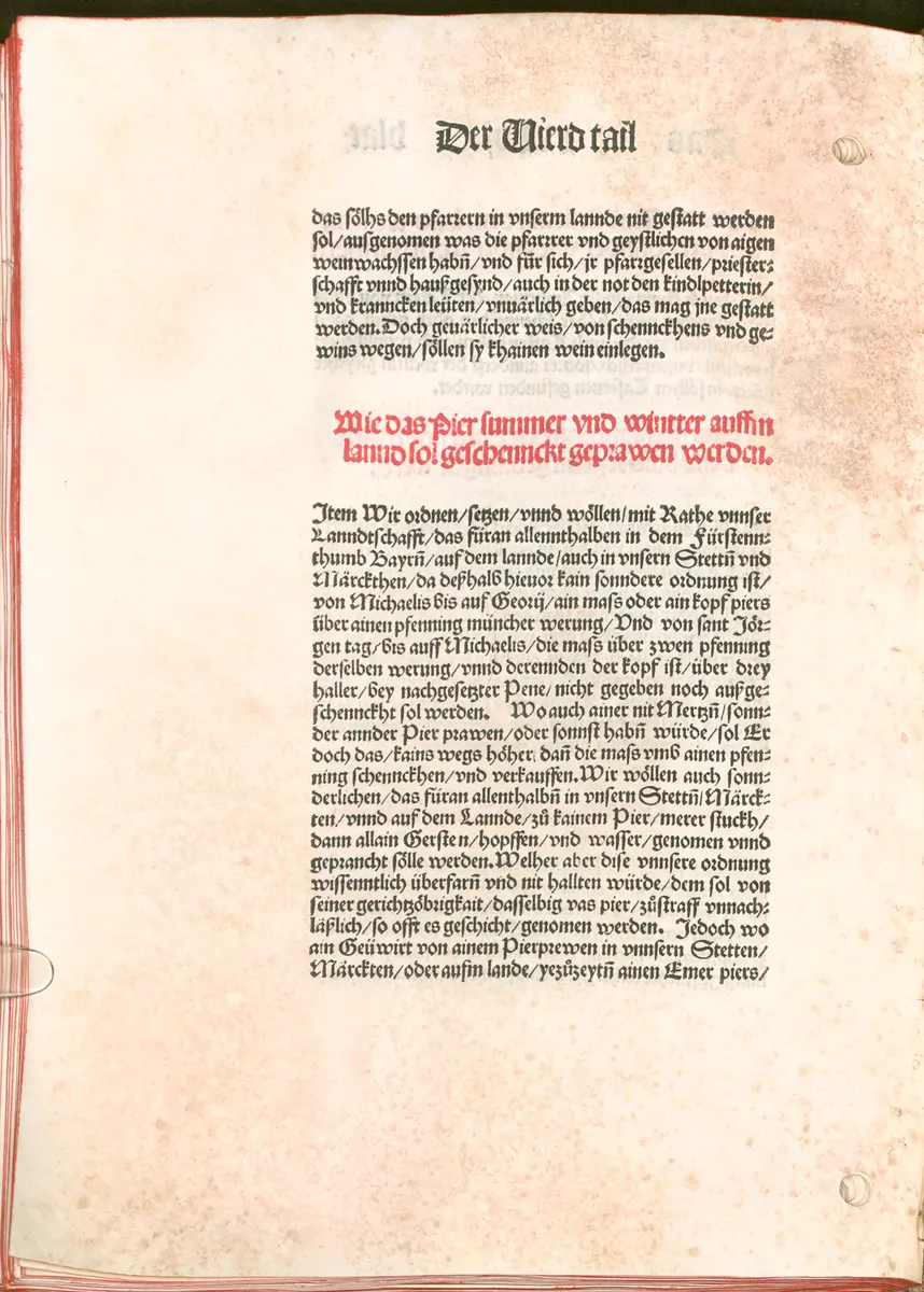 Fólio 36v de um livro de leis bávaro, com texto gótico preto e cabeçalho vermelho da seção sobre cerveja.