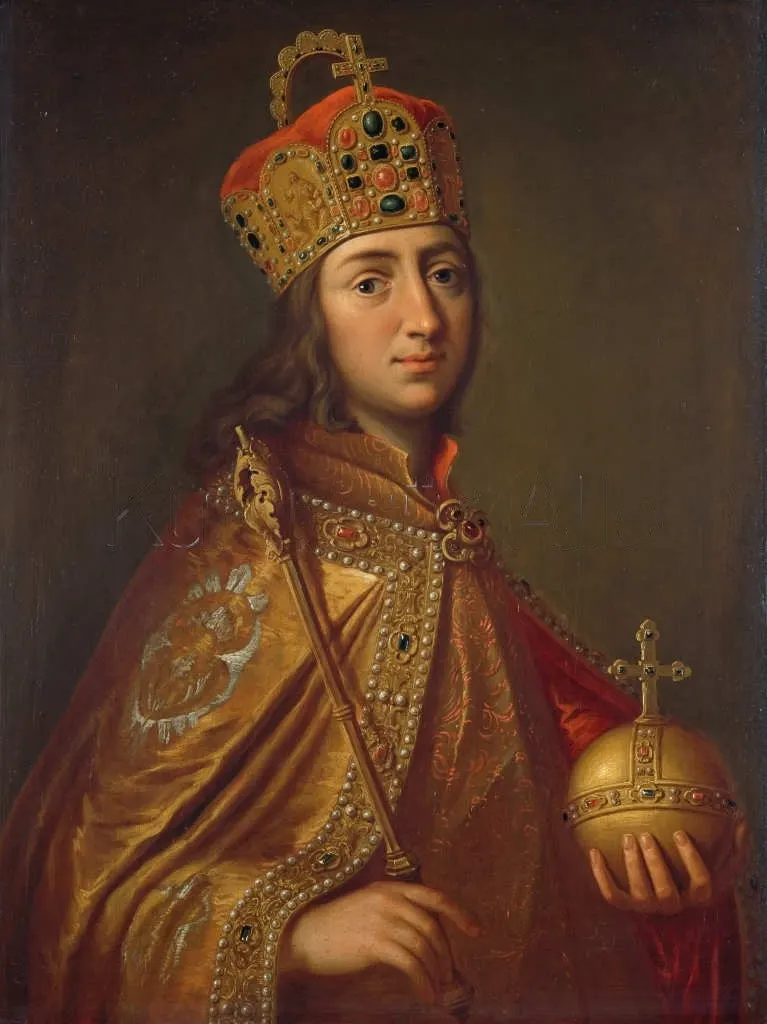 Retrato de Ludwig IV com coroa, manto, cetro e globo imperial.