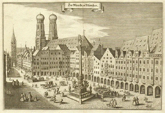 Gravura da praça do mercado de Munique, com a coluna de Maria, as torres da Frauenkirche e pessoas e cavalos em primeiro plano.