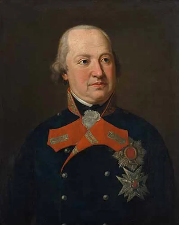 Retrato de Maximilian I Joseph com casaca azul, faixa, insígnias e cabelo branco.