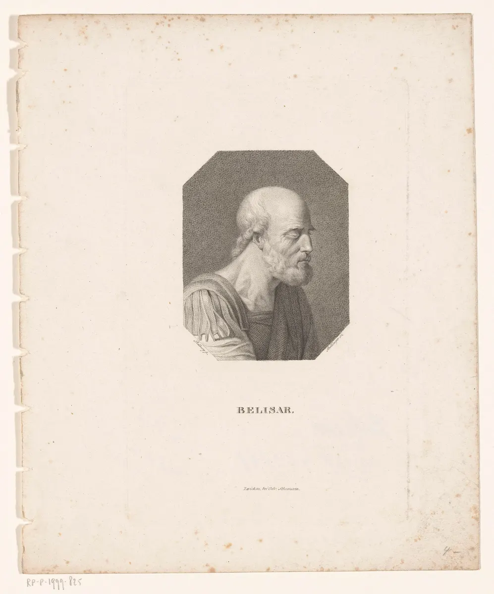 Gravura de perfil de Belisário, com a cabeça voltada à direita, ombro coberto, moldura octogonal e o nome BELISAR sob o retrato.