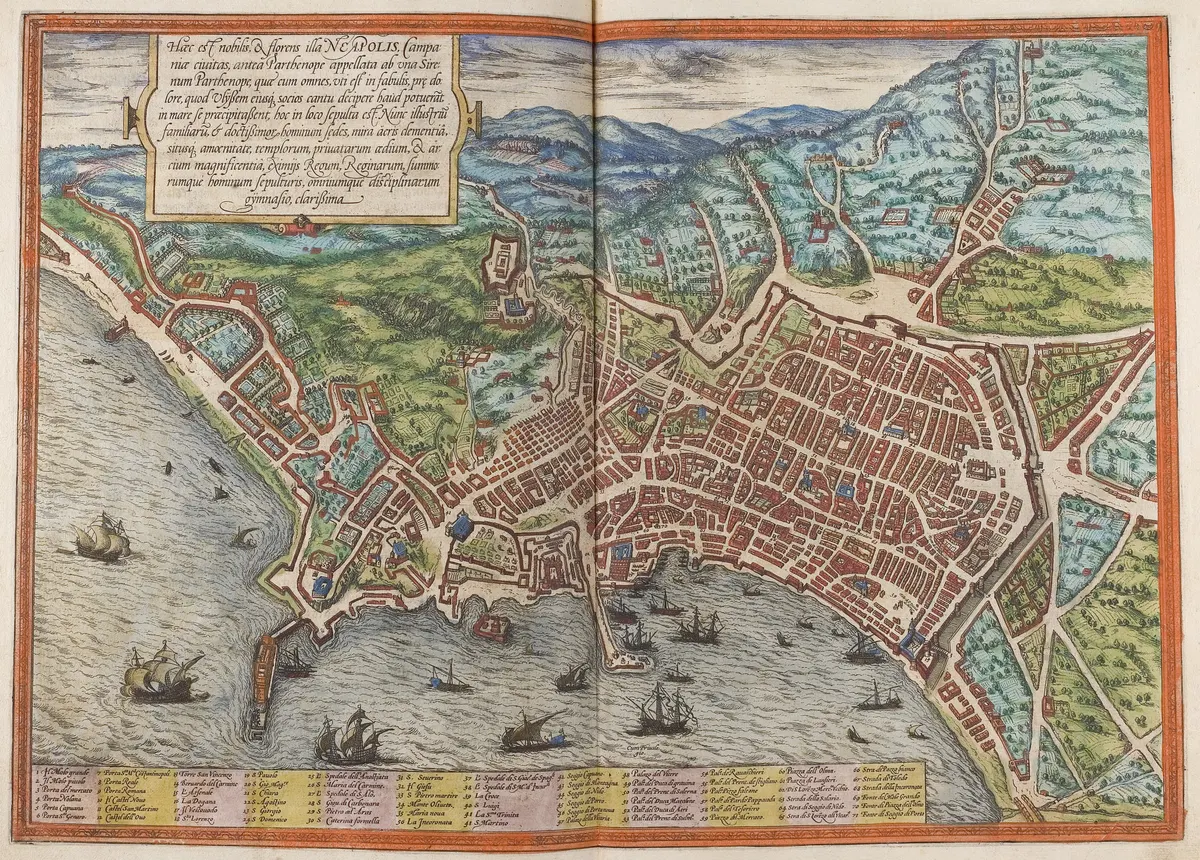 Mapa antigo colorido de Nápoles, com o porto, muralhas, ruas, título NEAPOLIS e legenda numerada na margem inferior.