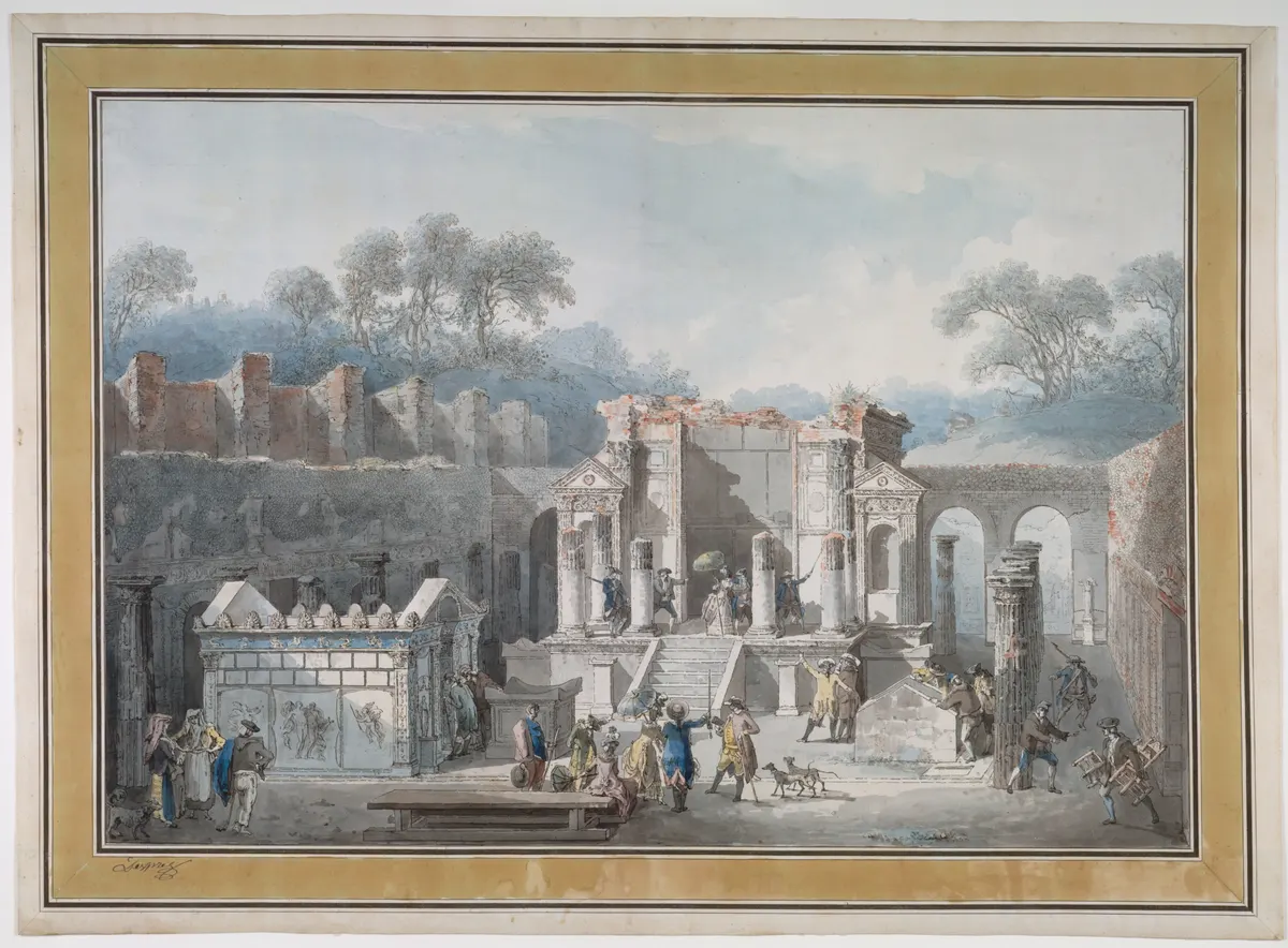 Gravura colorida das ruínas do templo de Ísis em Pompeia, com colunas, escadas, visitantes, um cão e margem decorativa assinada.