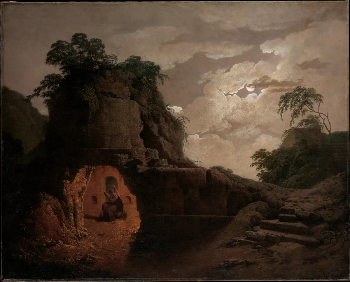 Pintura de uma ruína entre árvores sob a lua, com uma figura sentada numa abertura iluminada e um caminho de pedra à direita.