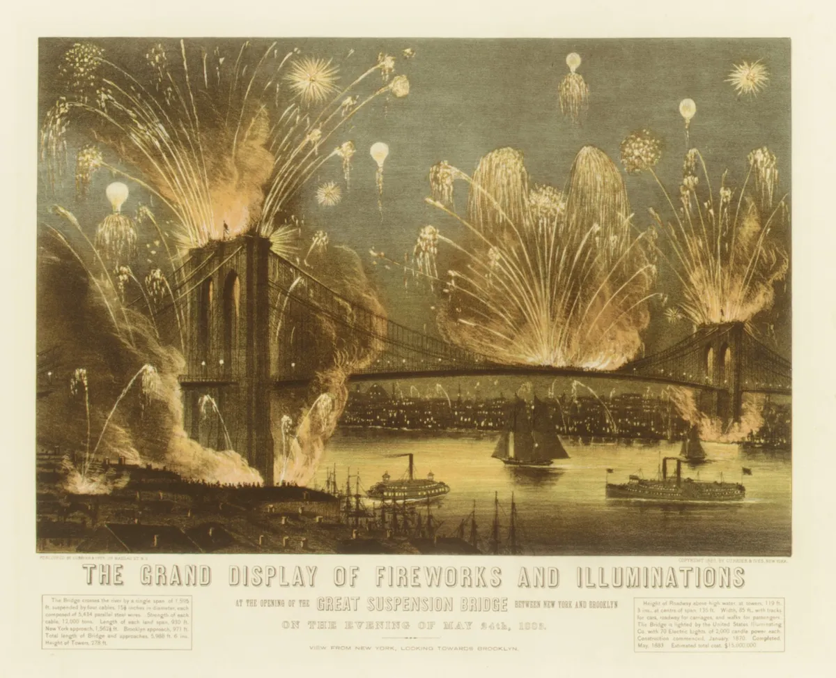 Lithographie du pont illuminé sur le fleuve, avec feux d’artifice dans le ciel et bateaux en bas ; titre et encadrés de texte dans la marge inférieure.