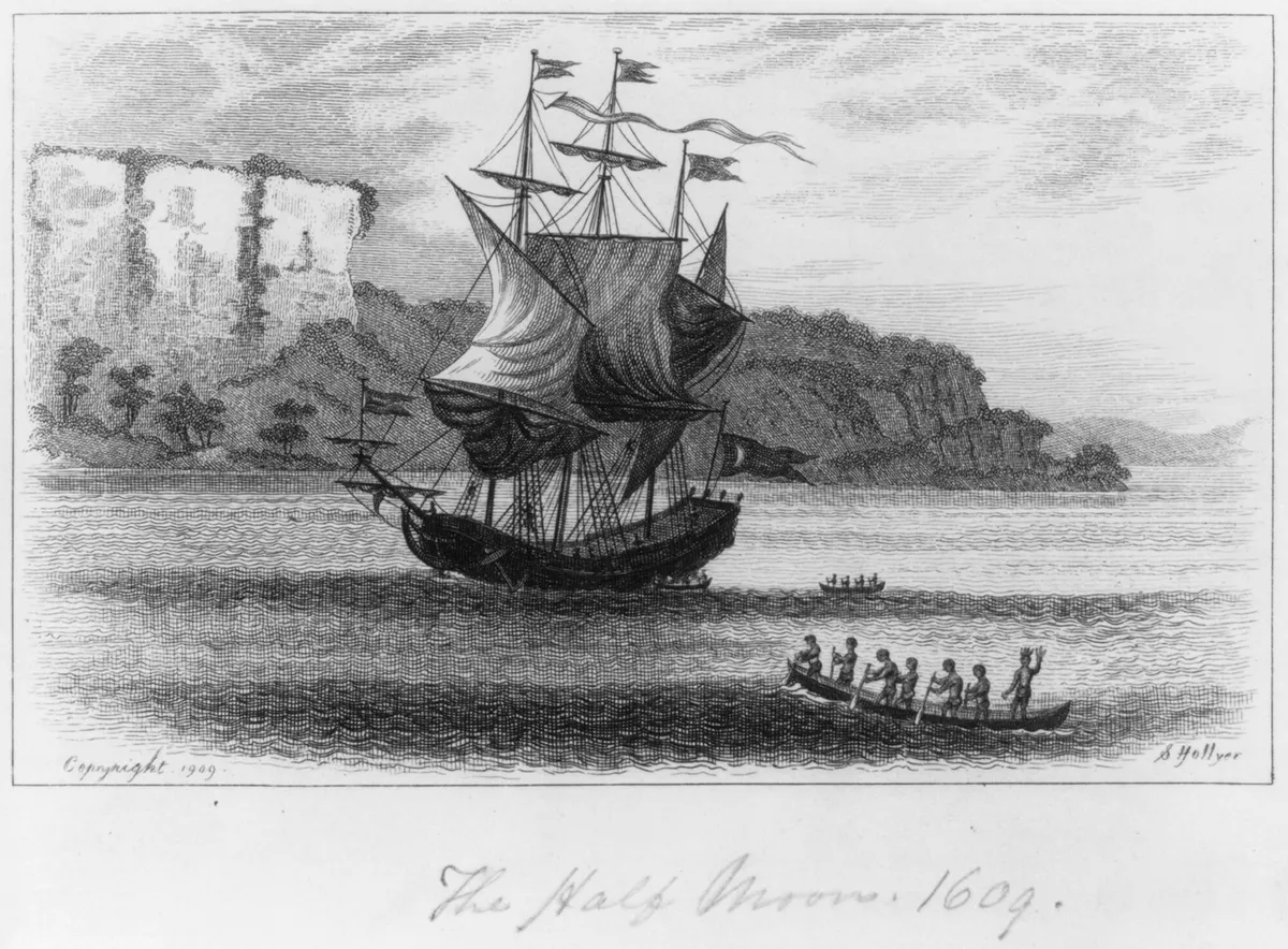 Gravura de um navio a vela e canoas num rio, diante de escarpas arborizadas; assinatura e título nas margens.