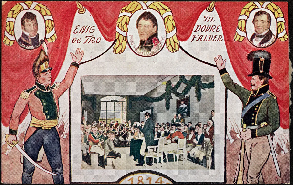 Cartão vermelho e branco com três retratos superiores, duas figuras de uniforme nas laterais e uma assembleia ao redor de uma mesa ao centro.