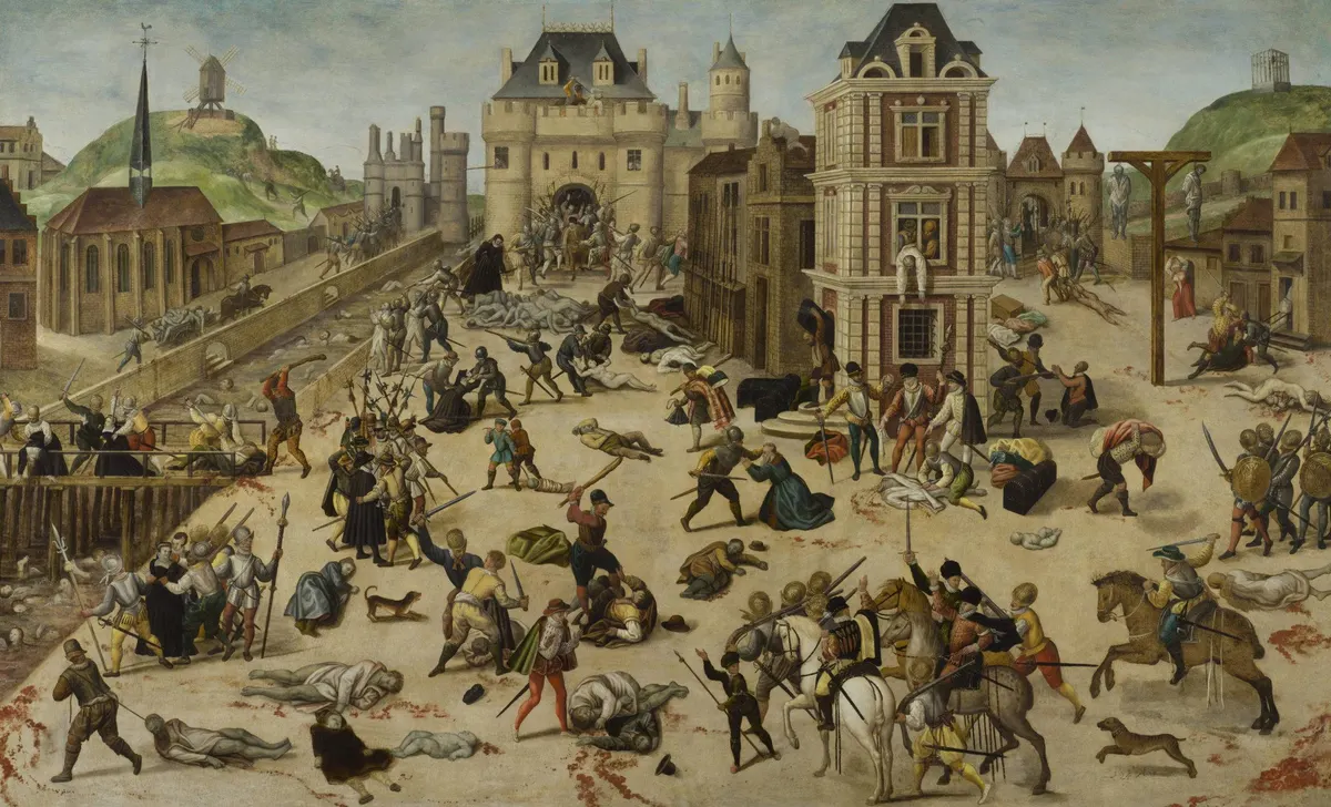 Pintura de Dubois com episódios do massacre de São Bartolomeu entre edifícios e ruas de Paris.