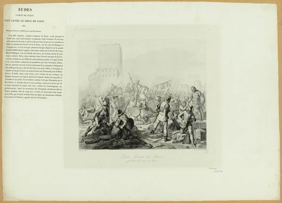 Gravura oitocentista de Eudes e combatentes diante de uma torre, com texto histórico e montagem integral.