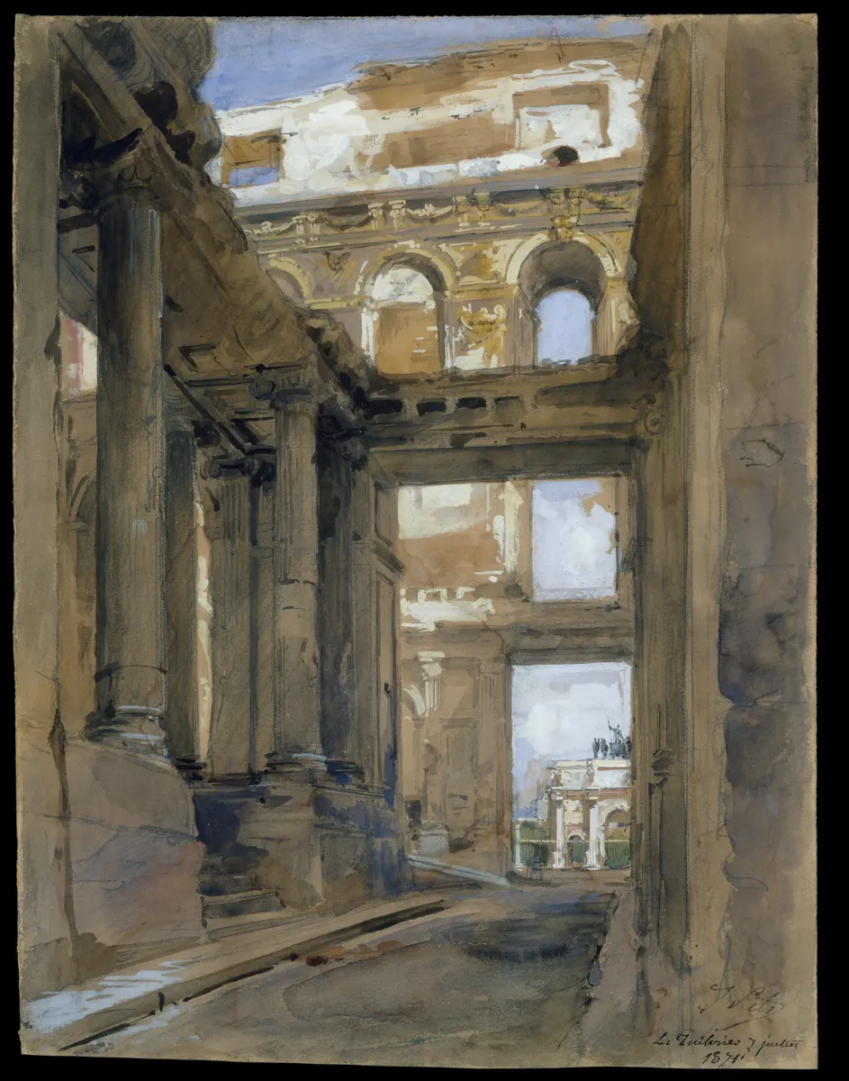 Desenho colorido das ruínas do Palácio das Tulherias, com colunas, paredes abertas e céu visível.