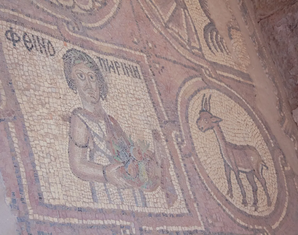 Detalhe de mosaico com uma mulher, frutos e uma figura animal, cercados por padrões geométricos e inscrições gregas.