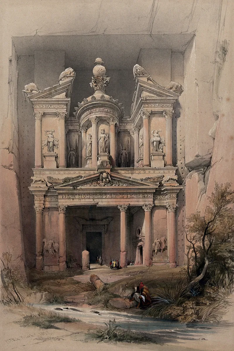 Litografia colorida da fachada de Al-Khazneh entre rochas, com urna no alto e pequenas figuras humanas na entrada.