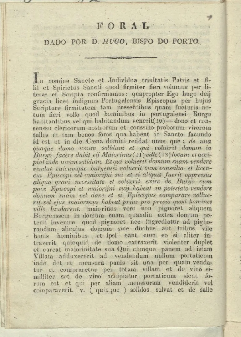 Página impressa intitulada Foral dado por D. Hugo, bispo do Porto, com a transcrição latina e margens da edição antiga.
