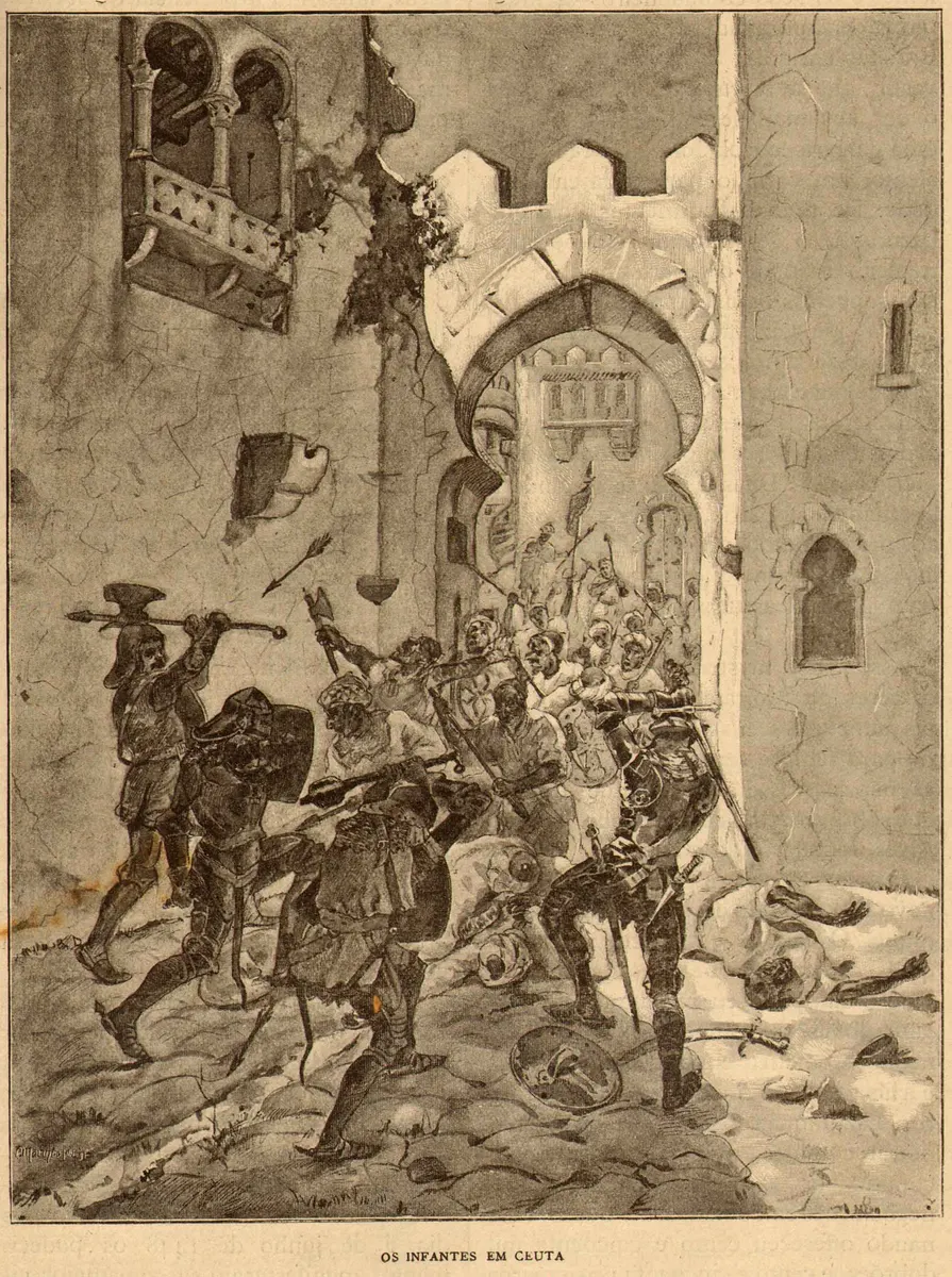 Ilustração em preto e branco com infantes e soldados armados diante de uma muralha com arco, sob o título Os infantes em Ceuta.