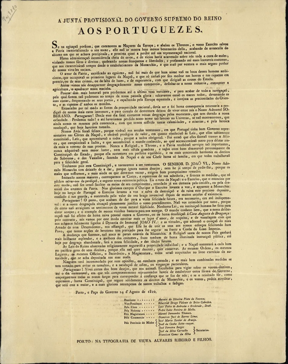Folha do manifesto da Junta Provisional aos Portugueses, com texto em uma coluna, data 24 de agosto de 1820, nomes dos membros e impressão no Porto.