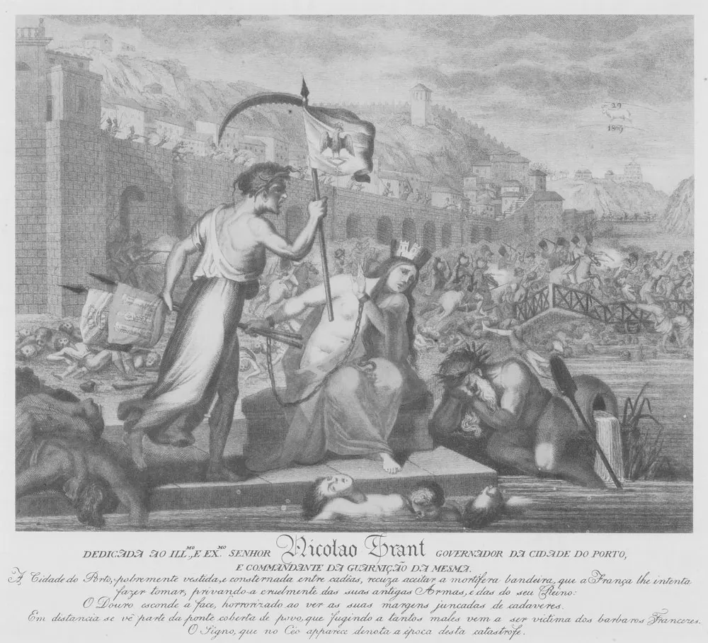 Gravura alegórica com figuras junto ao Douro, corpos caídos em primeiro plano e uma ponte de barcas em colapso ao fundo, diante da cidade.