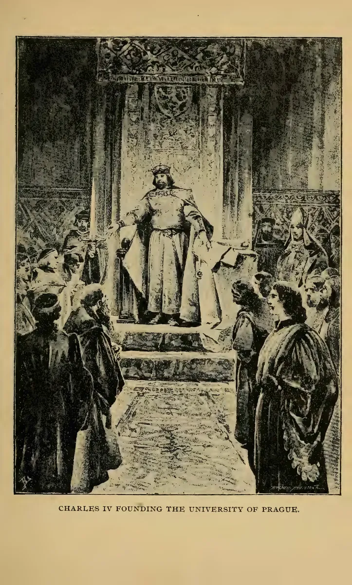 Página ilustrada com Carlos IV sobre um estrado, rodeado por clérigos e nobres; legenda da fundação da Universidade de Praga abaixo da gravura.