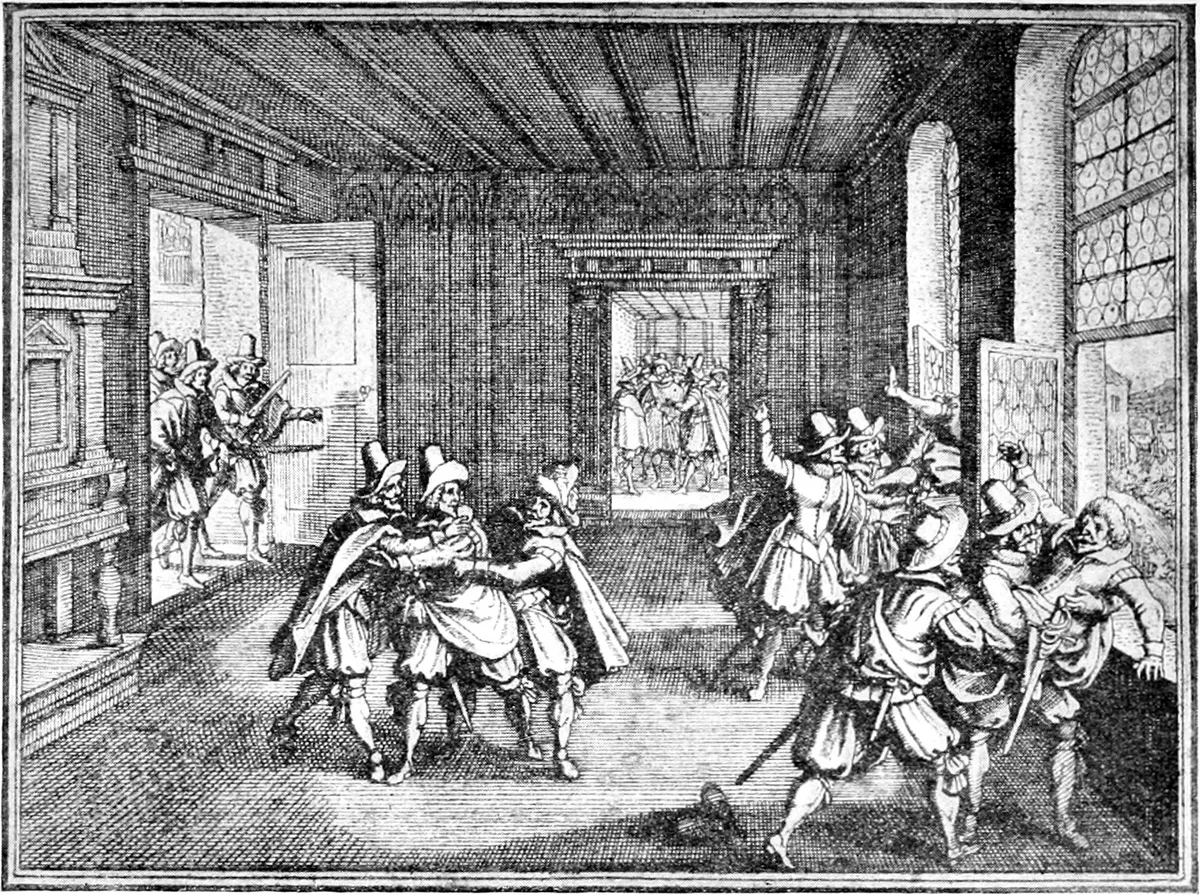Gravura com homens no interior de uma sala do castelo: à direita, um grupo lança uma figura pela janela.