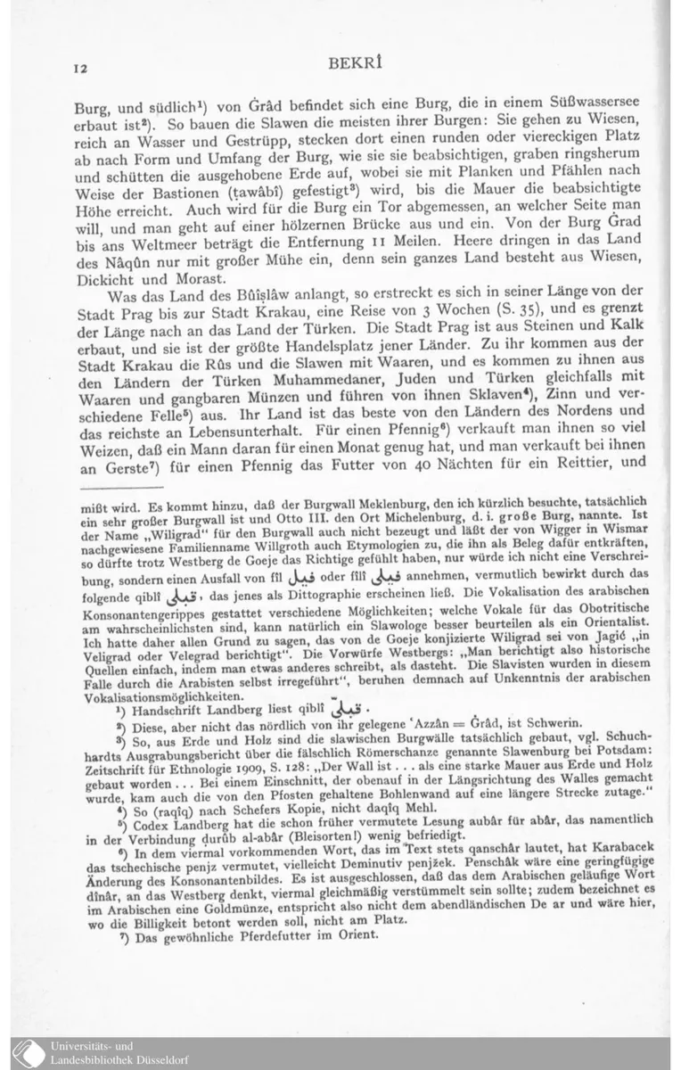 Página 12 da tradução alemã de Georg Jacob, com o relato de Praga no texto e notas em alemão e árabe; marca da biblioteca de Düsseldorf na base.