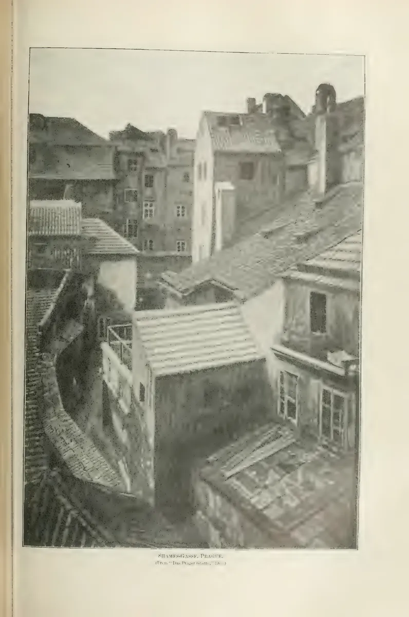 Prancha antiga com telhados, paredes e uma rua estreita de Josefov; legenda impressa Shames-Gasse, Prague abaixo da imagem.