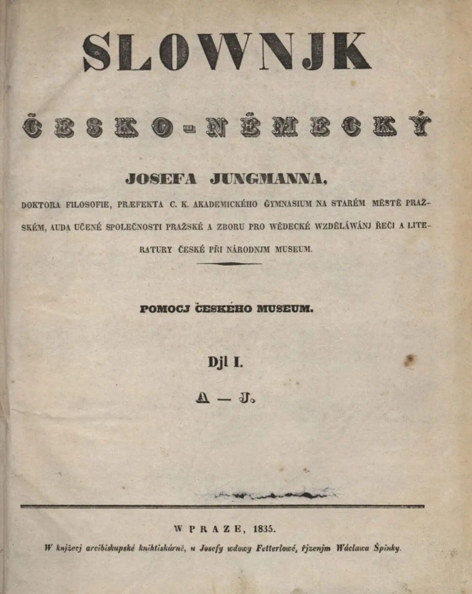 Página de rosto do primeiro volume do dicionário de Jungmann, com título, nome do autor e data de impressão em Praga, 1835.