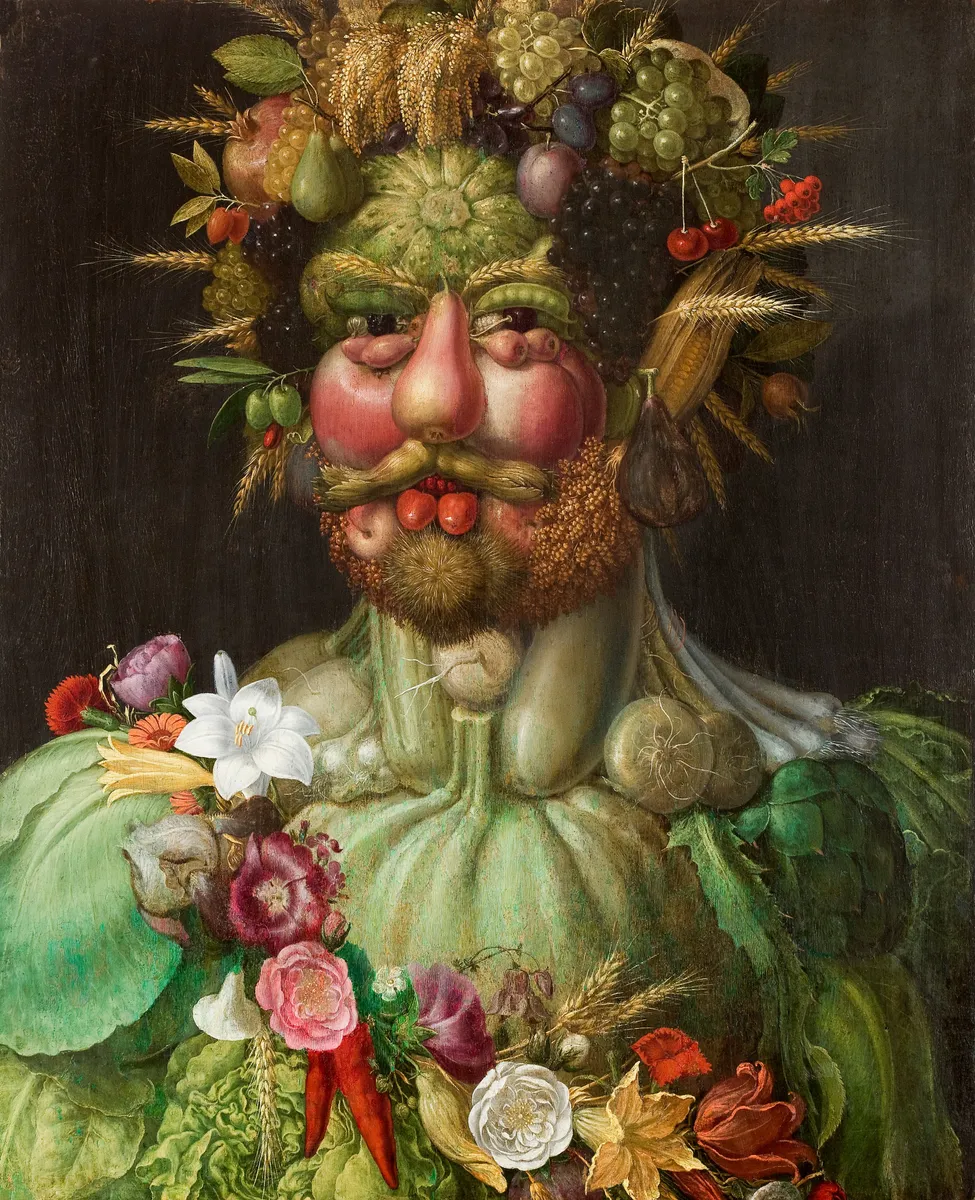 Retrato pintado de Rodolfo II composto por frutas, flores, legumes e espigas sobre um fundo escuro.