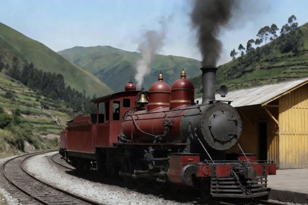 Locomotiva vermelha com caixa de fumaça preta e três domos, nos trilhos, diante do galpão da estação e das montanhas.