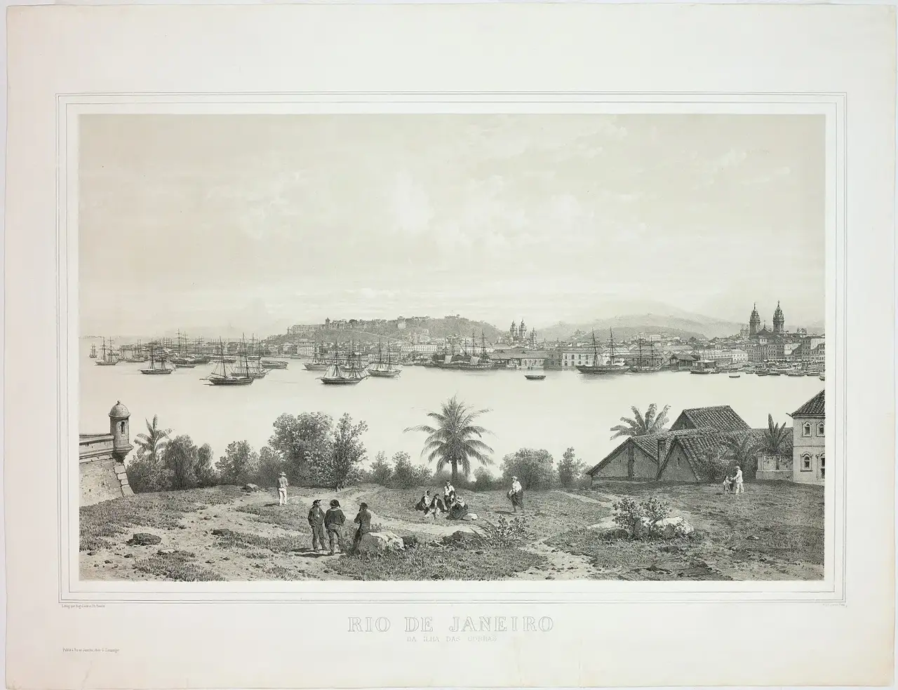Gravura panorâmica da baía do Rio de Janeiro vista da Ilha das Cobras, com veleiros ancorados, morros ao fundo e pessoas em primeiro plano.