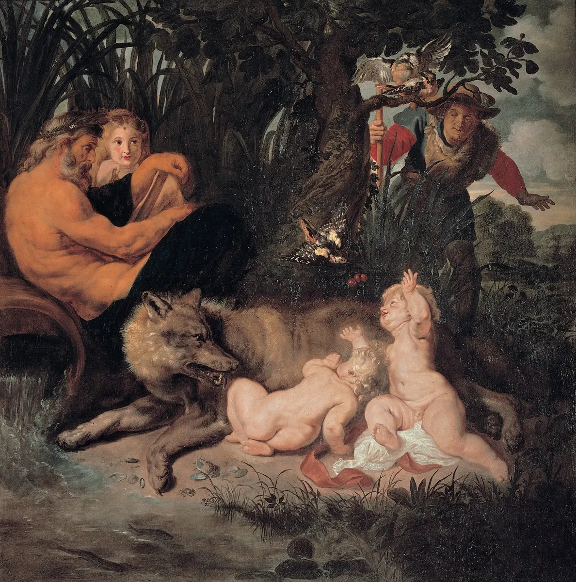 Pintura de Rubens com uma loba amamentando dois meninos, figuras adultas, árvores e aves.